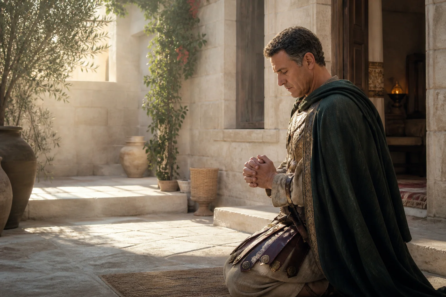 A Roman centurion praying quietly in a sunlit courtyard